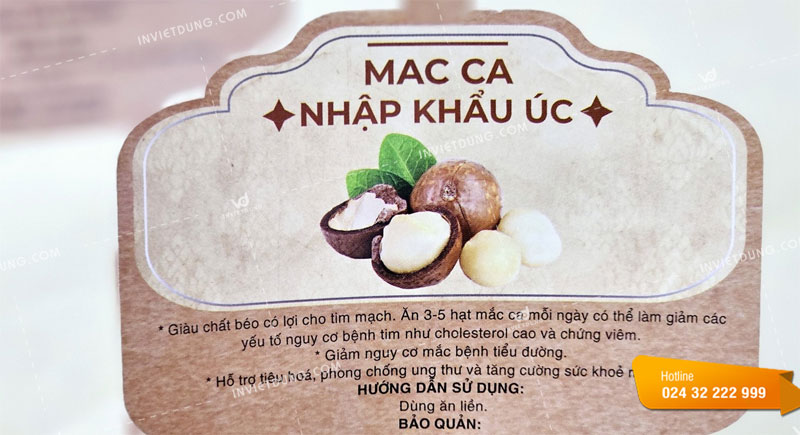 Mẫu tem nhãn decal giấy kraft dán hộp hạt macca