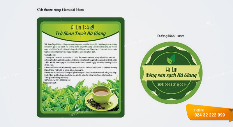 Kích thước tem nhãn bột trà xanh phổ biến