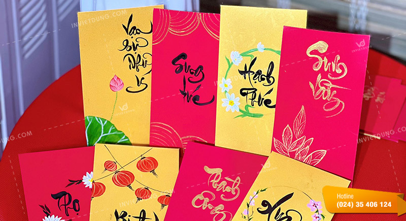 Những câu, chữ thường được viết trên mẫu bao lì xì thư pháp