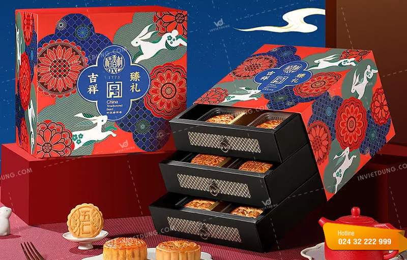 Mẫu hộp giấy đựng bánh trung thu 3 tầng