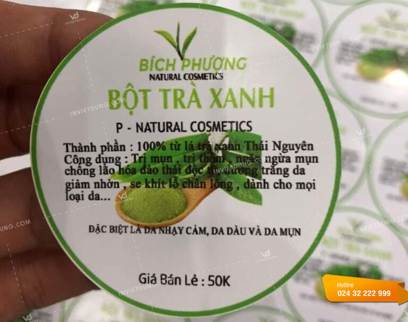 Mẫu tem nhãn dán bột trà xanh trị mụn