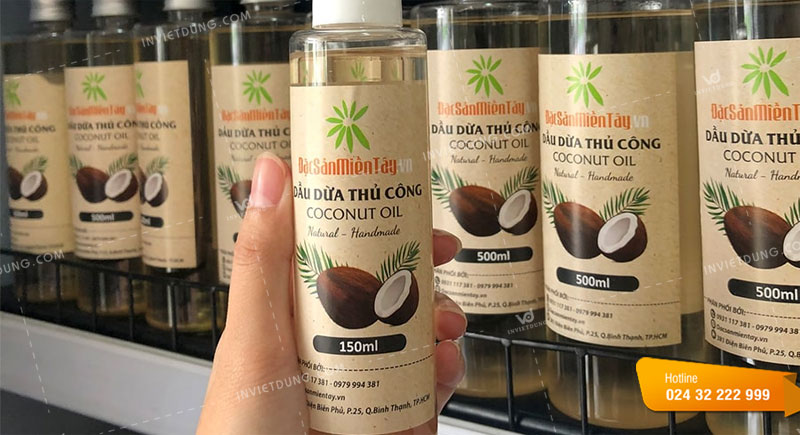 Mẫu tem nhãn dán dầu dừa bằng chất liệu giấy kraft
