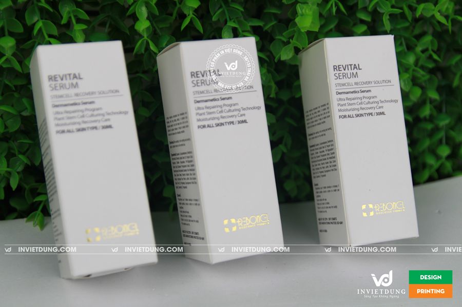 In hộp giấy đựng mỹ phẩm được ép kim logo ánh vàng REBONEL