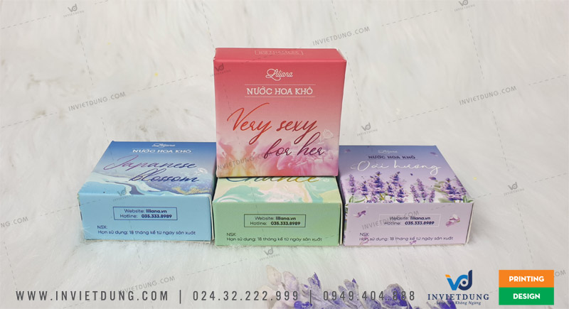 Mẫu bao bì hộp giấy đựng nước hoa khô với màu sắc nhẹ nhàng tươi mát