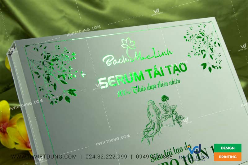 Mẫu vỏ hộp giấy được gia công ép kim đẹp đựng serum tái tạo Bách Mộc Linh