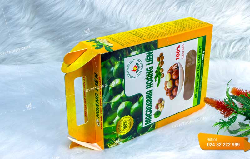 Mẫu hộp giấy đựng hạt macadamia Hoàng Liên do In Việt Dũng thiết kế và in ấn