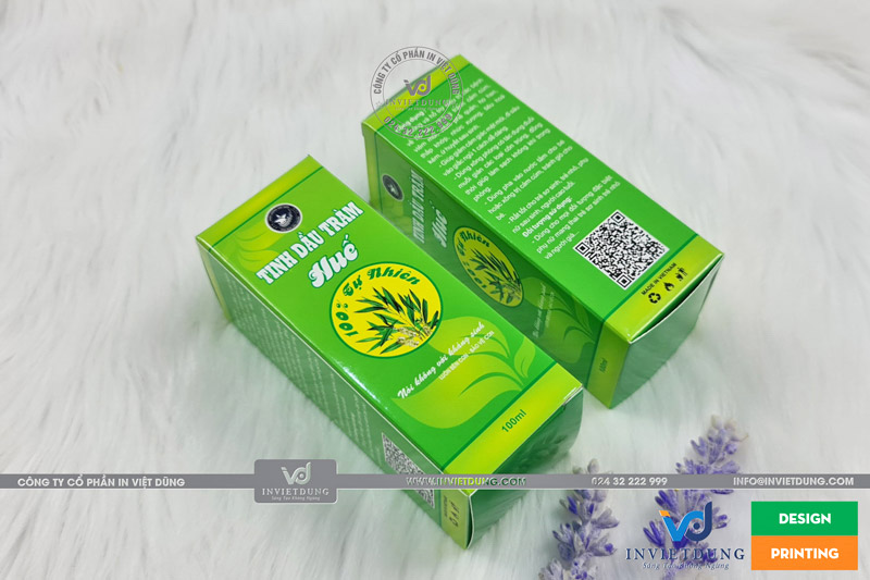 Mẫu hộp giấy đựng tinh dầu tràm Huế do In Việt Dũng thiết kế và in ấn