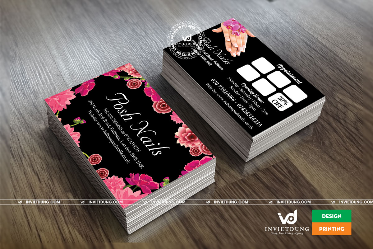 Mẫu card visit tiệm nail Posh Nails tại London