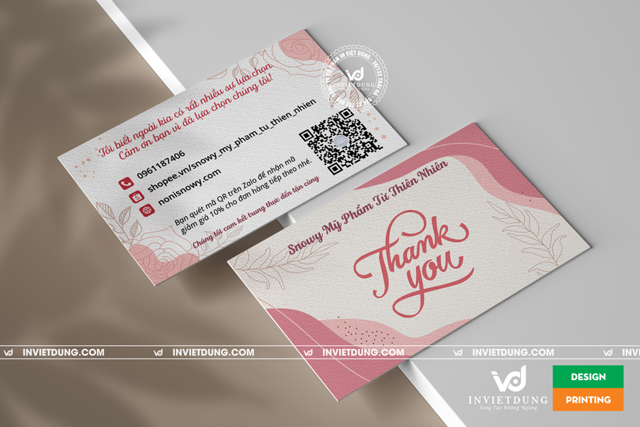 In thẻ cảm ơn cho shop mỹ phẩm được thiết kế sang trọng