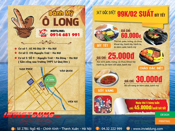 Tờ rơi nhà hàng-02 Mẫu tờ rơi quán ăn bánh mỳ Ô Long đẹp